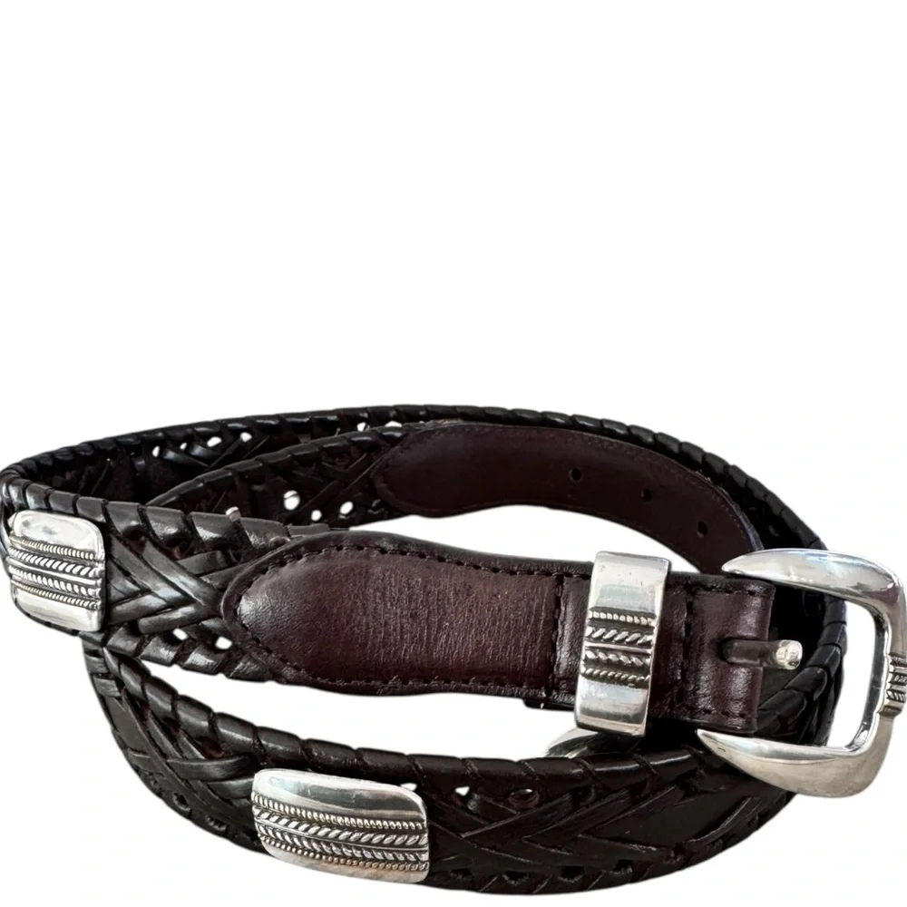 VTG Brighton Men's Brown woven Leather Belt with Silver Buckle 42 B065000